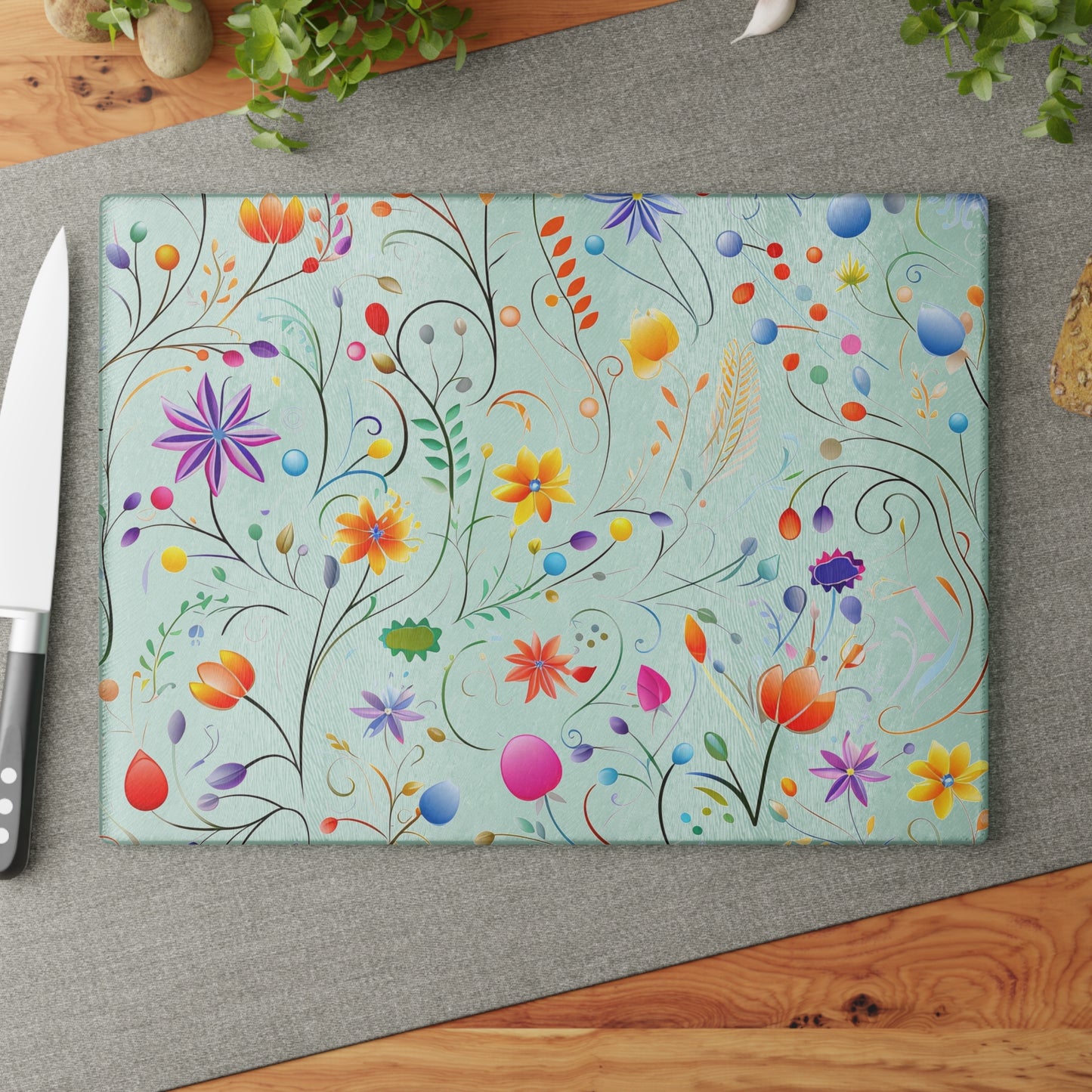 Fanciful Flower Fiesta Glass Cutting Board