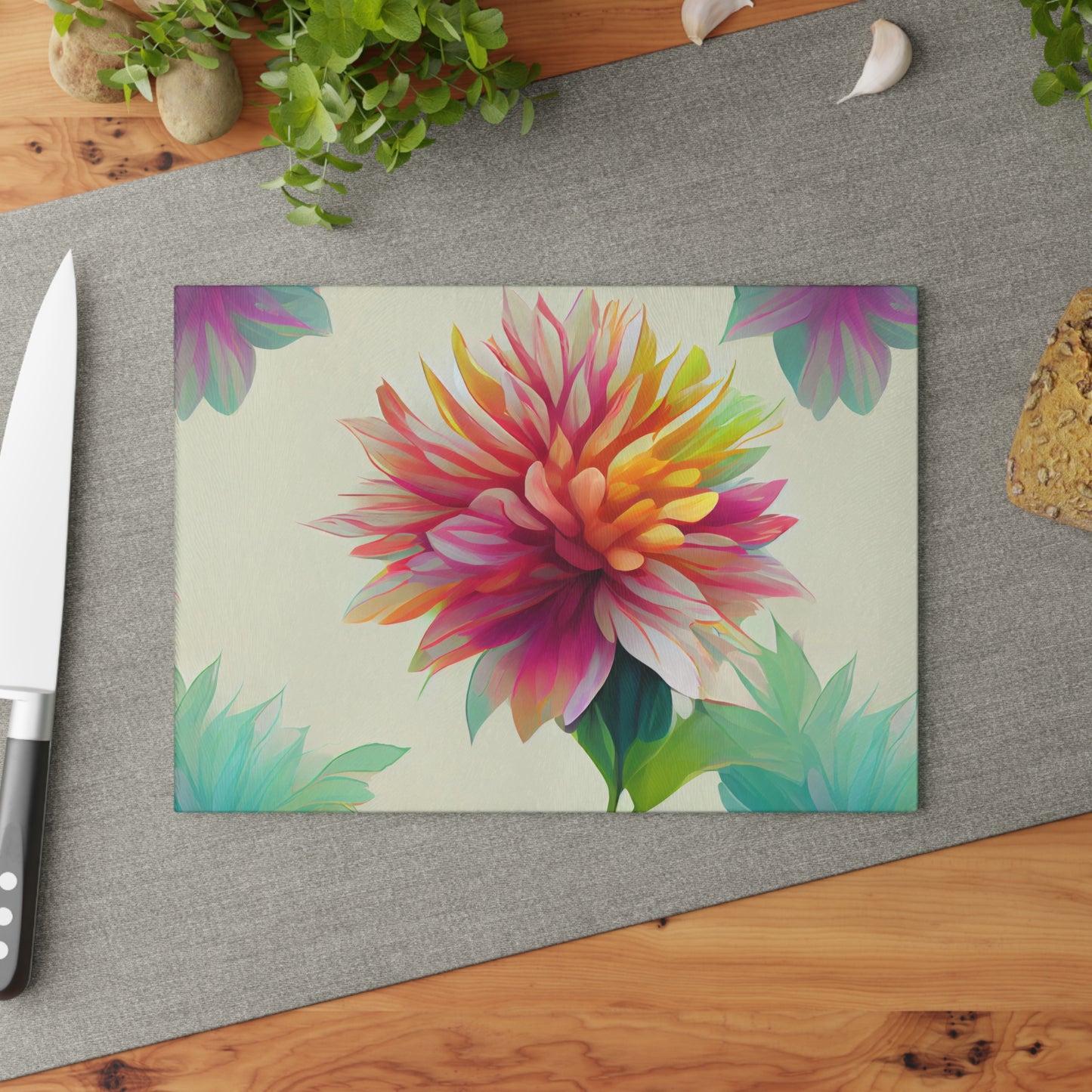 Rainbow Dahlia Glass Cutting Board