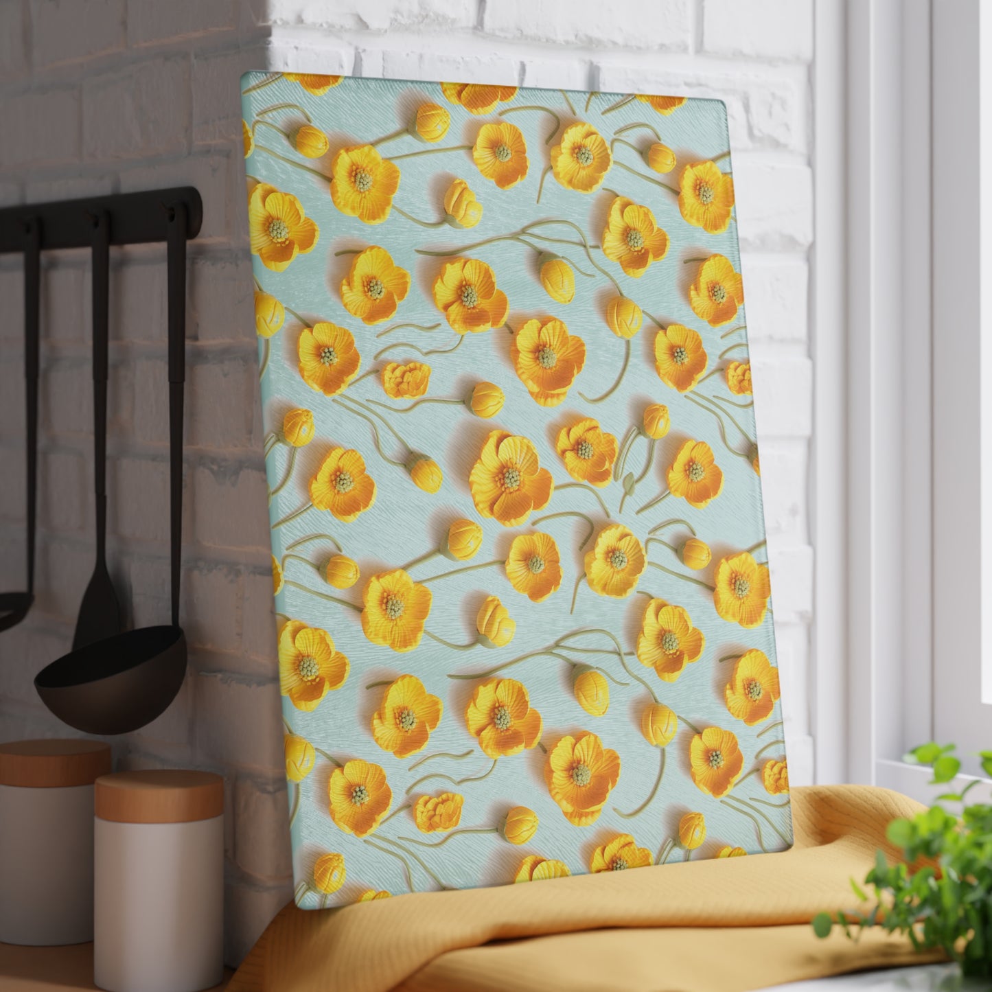 Sculpted Yellow Buttercups Glass Cutting Board