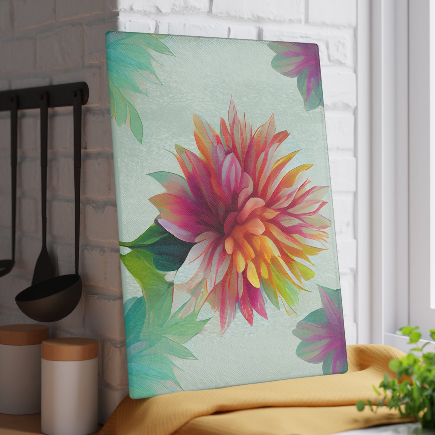 Rainbow Dahlia Glass Cutting Board