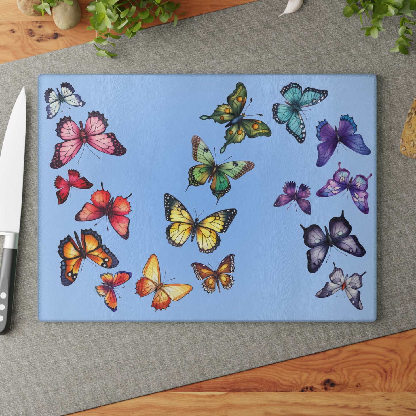 Rainbow Butterfly Trail Glass Cutting Board