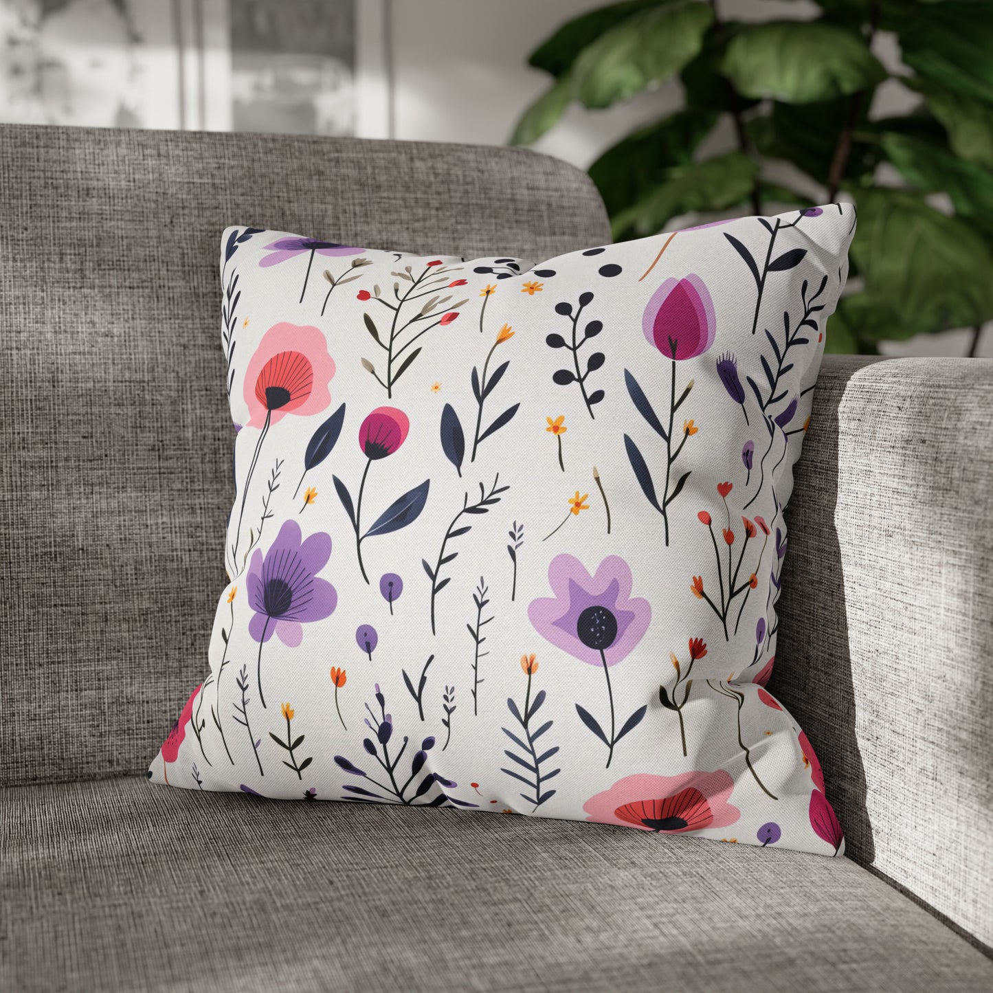 Pink and Purple Whimsical Wildflowers Square Pillow Case