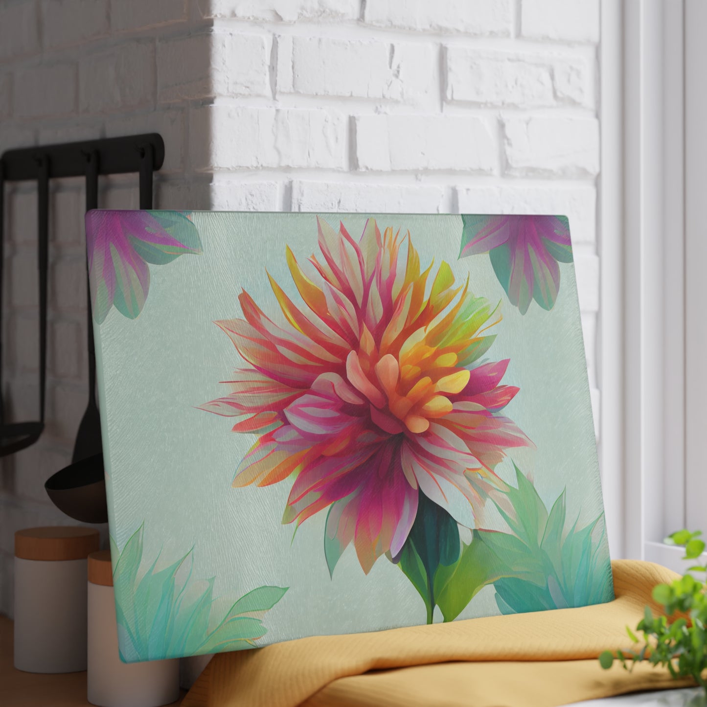 Rainbow Dahlia Glass Cutting Board