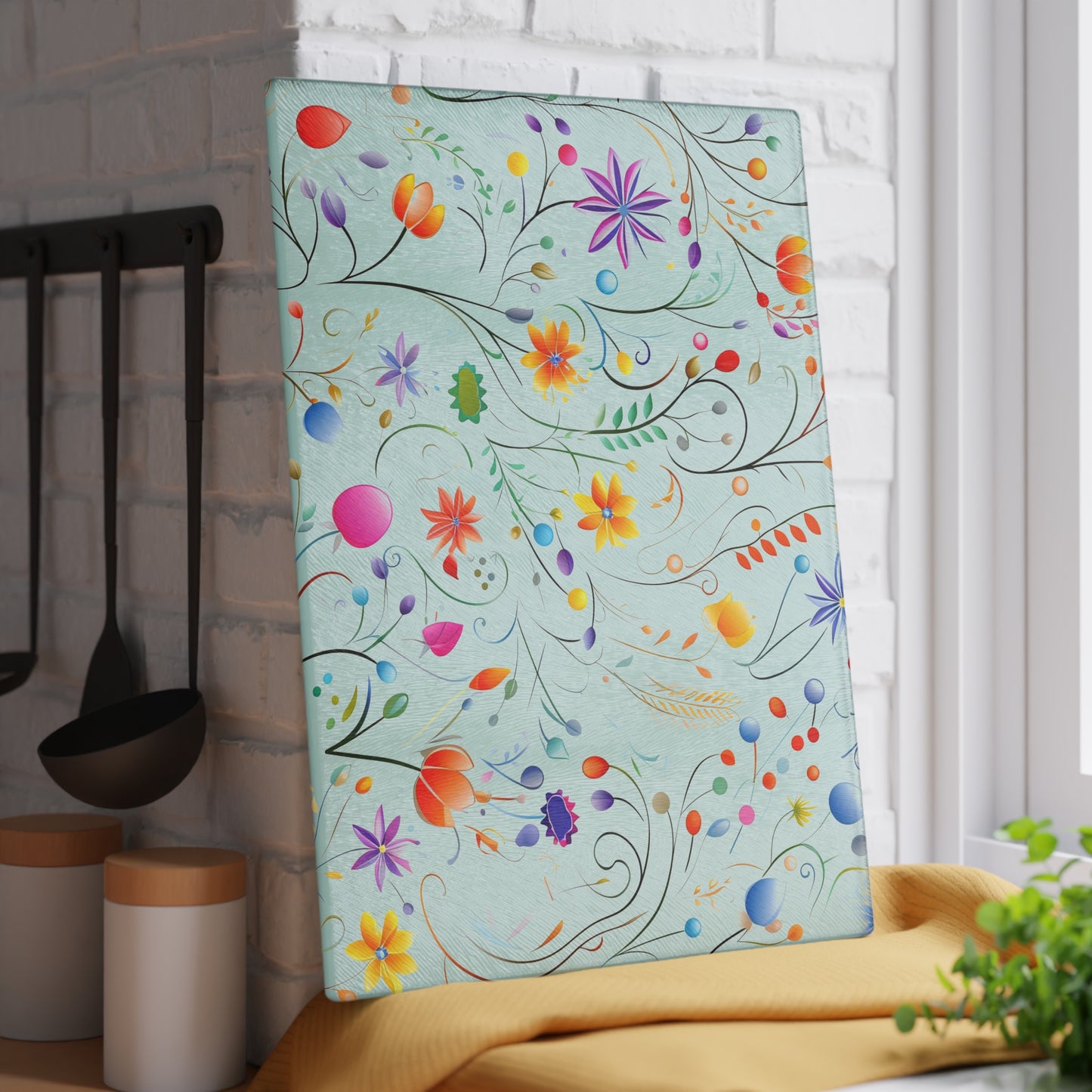Fanciful Flower Fiesta Glass Cutting Board