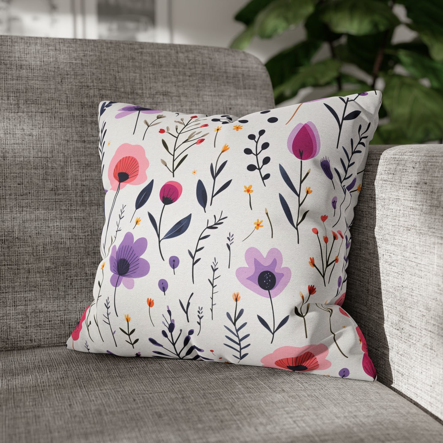 Pink and Purple Whimsical Wildflowers Square Pillow Case