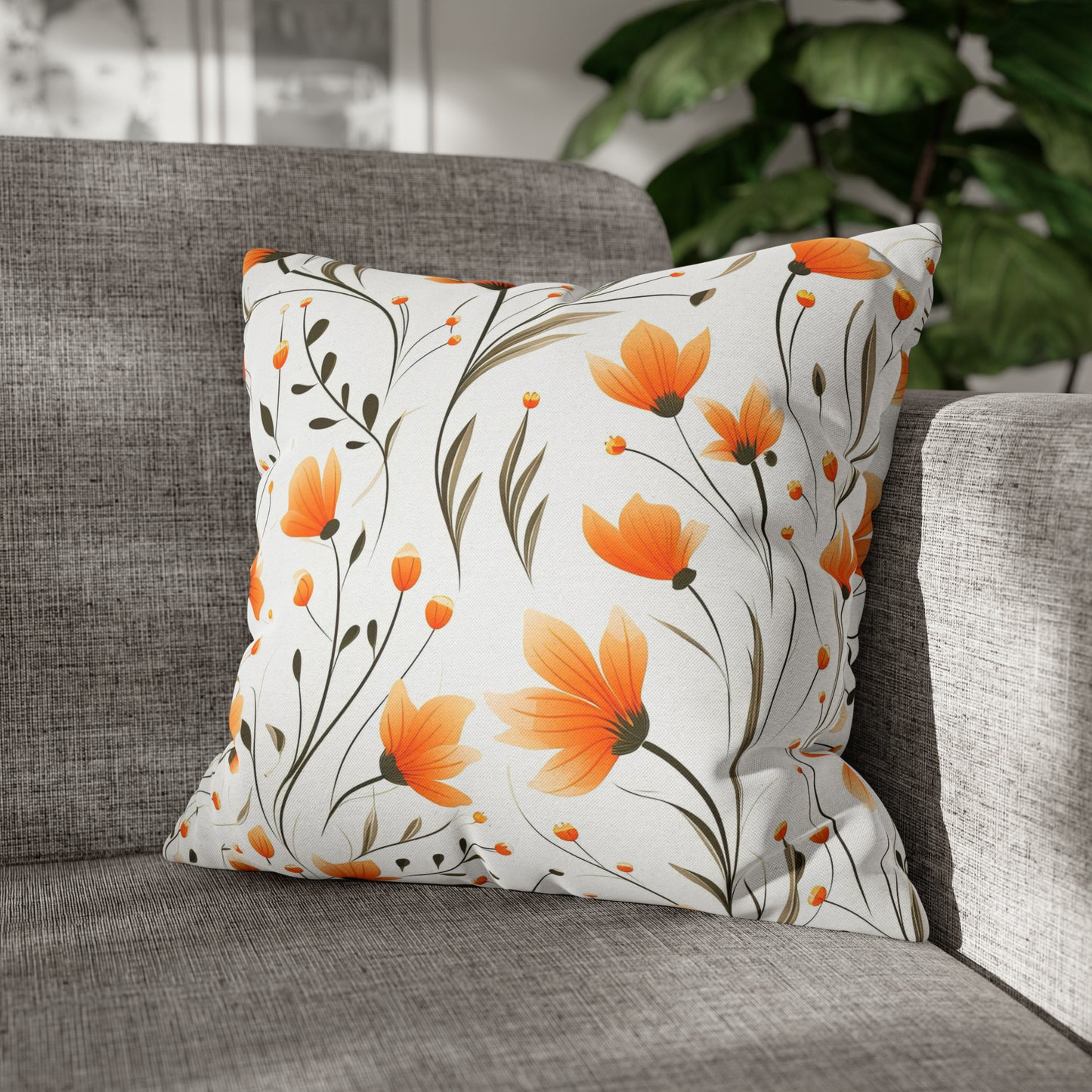 Orange Whimsy Wildflowers Square Pillow Case