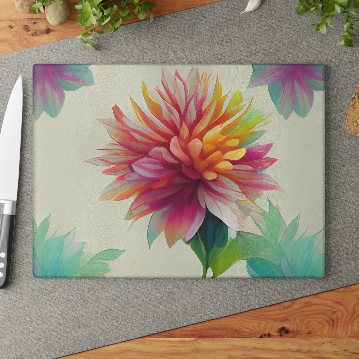 Rainbow Dahlia Glass Cutting Board