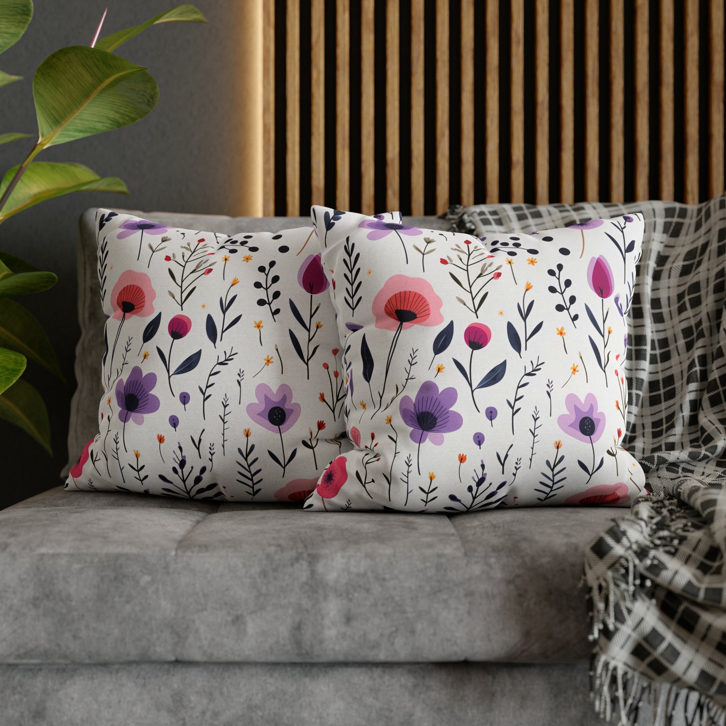 Pink and Purple Whimsical Wildflowers Square Pillow Case