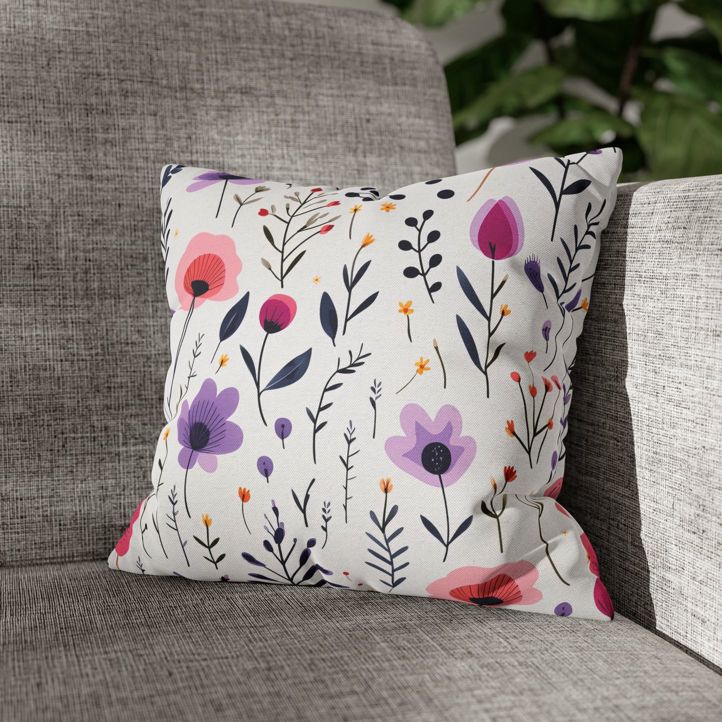 Pink and Purple Whimsical Wildflowers Square Pillow Case