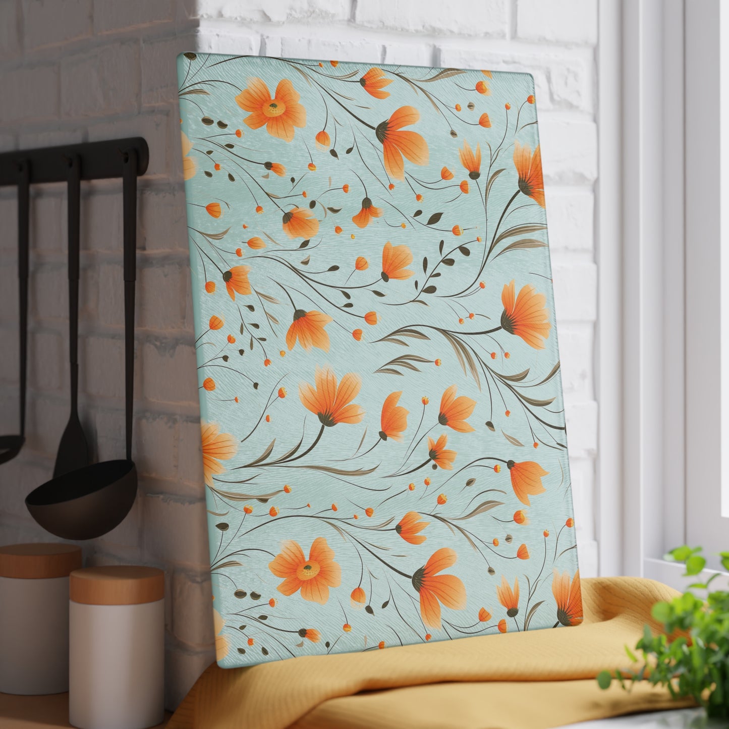 Orange Whimsy Wildflowers Glass Cutting Board