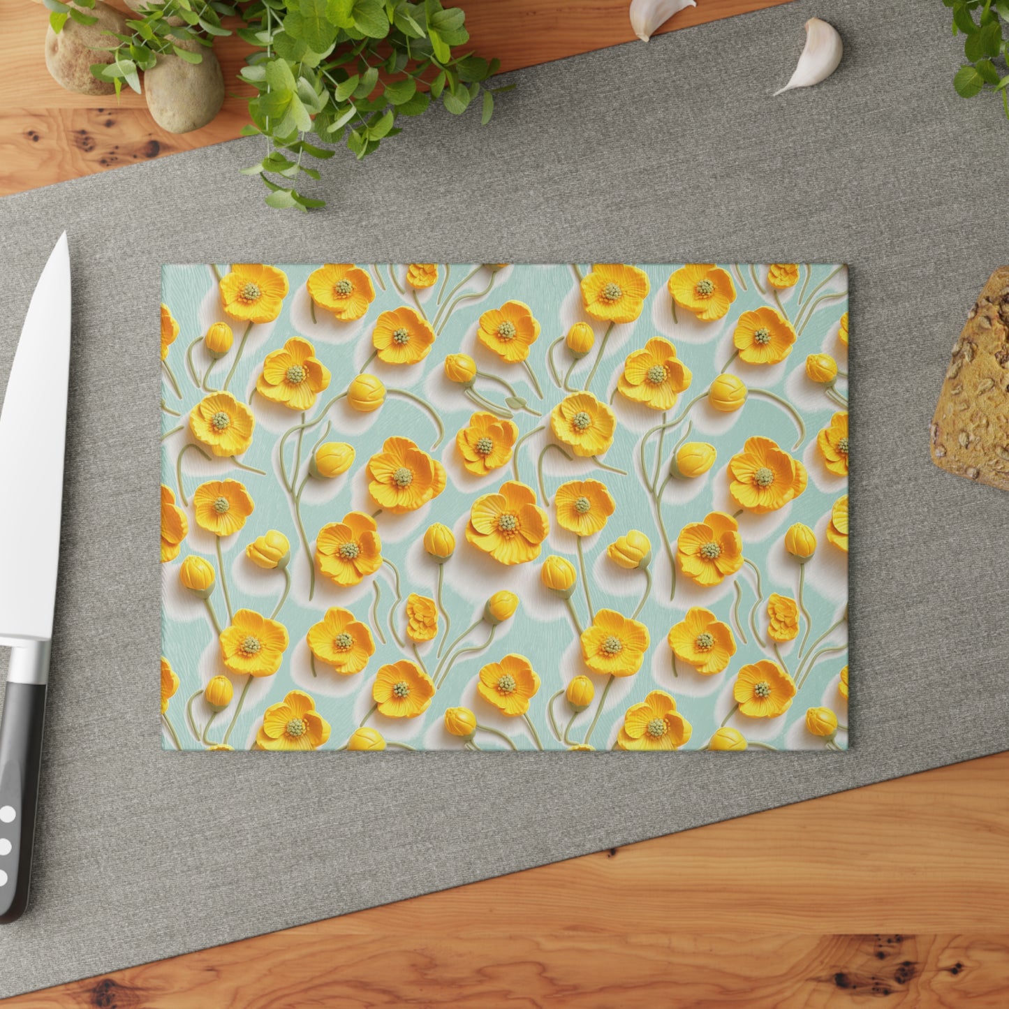 Sculpted Yellow Buttercups Glass Cutting Board