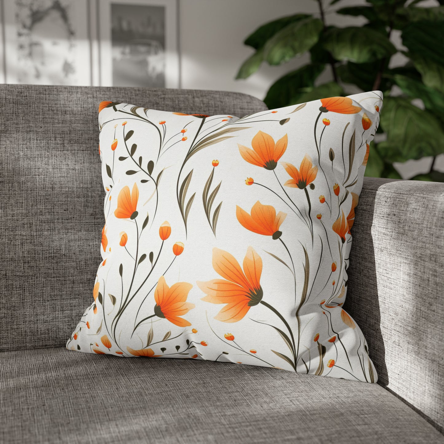 Orange Whimsy Wildflowers Square Pillow Case