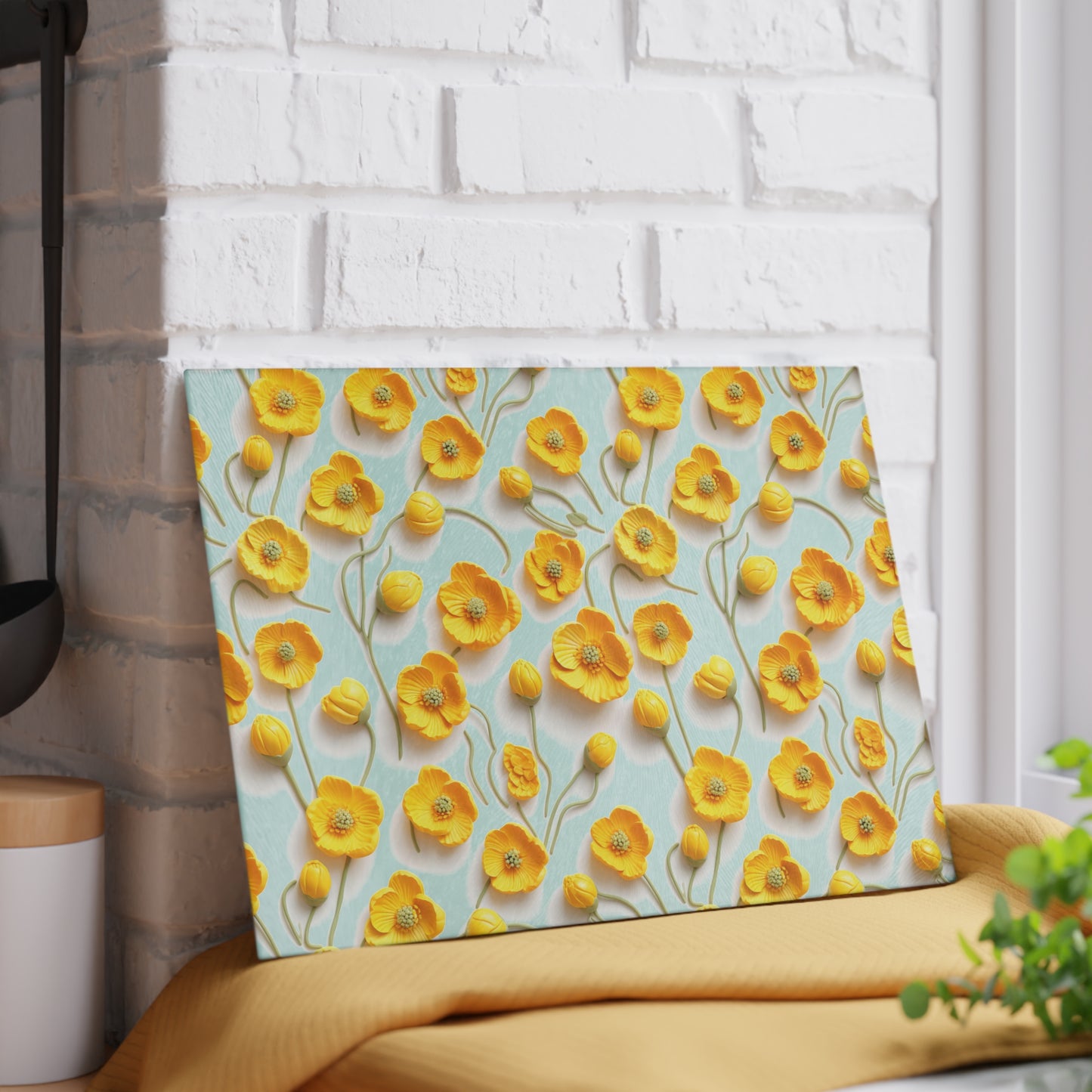 Sculpted Yellow Buttercups Glass Cutting Board