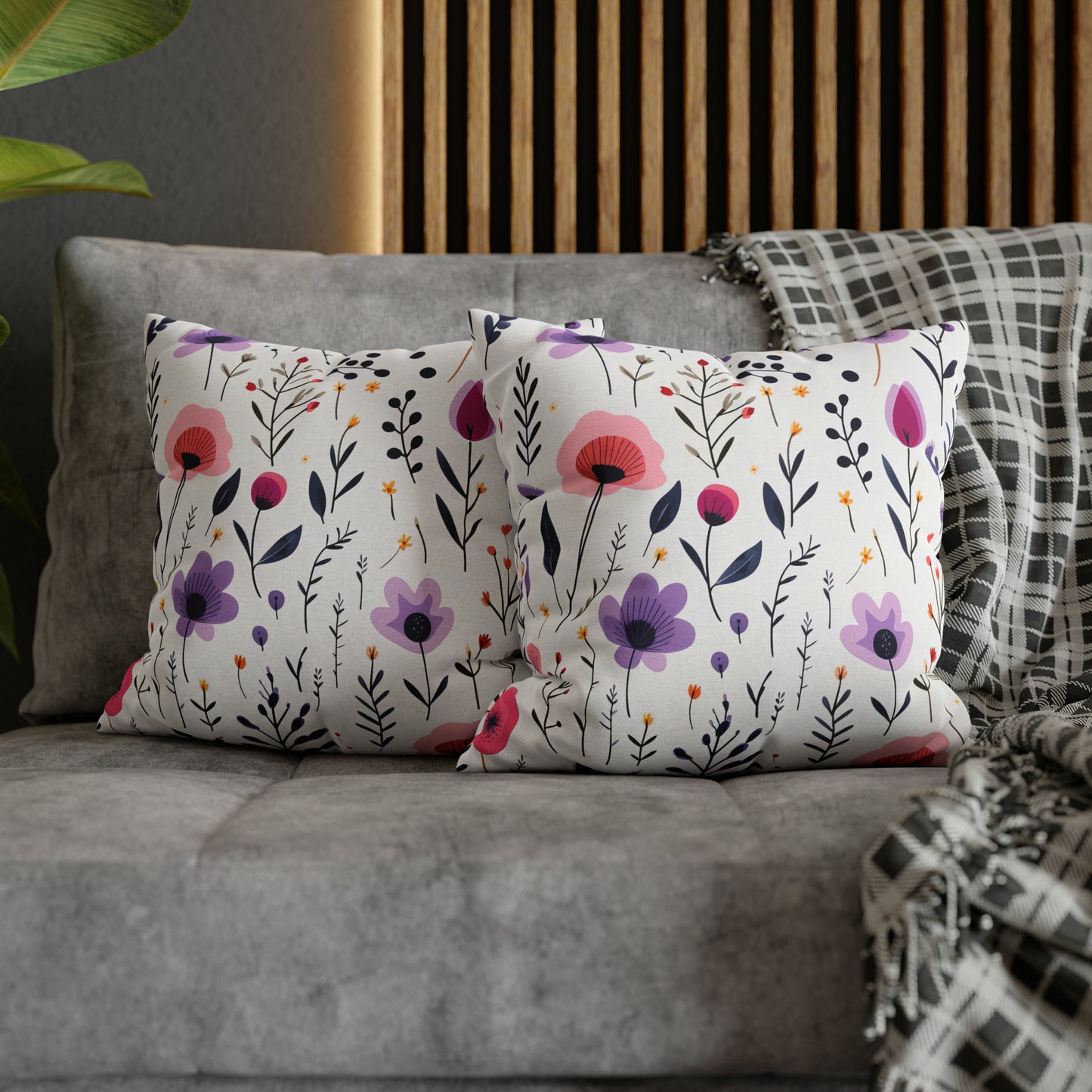 Pink and Purple Whimsical Wildflowers Square Pillow Case