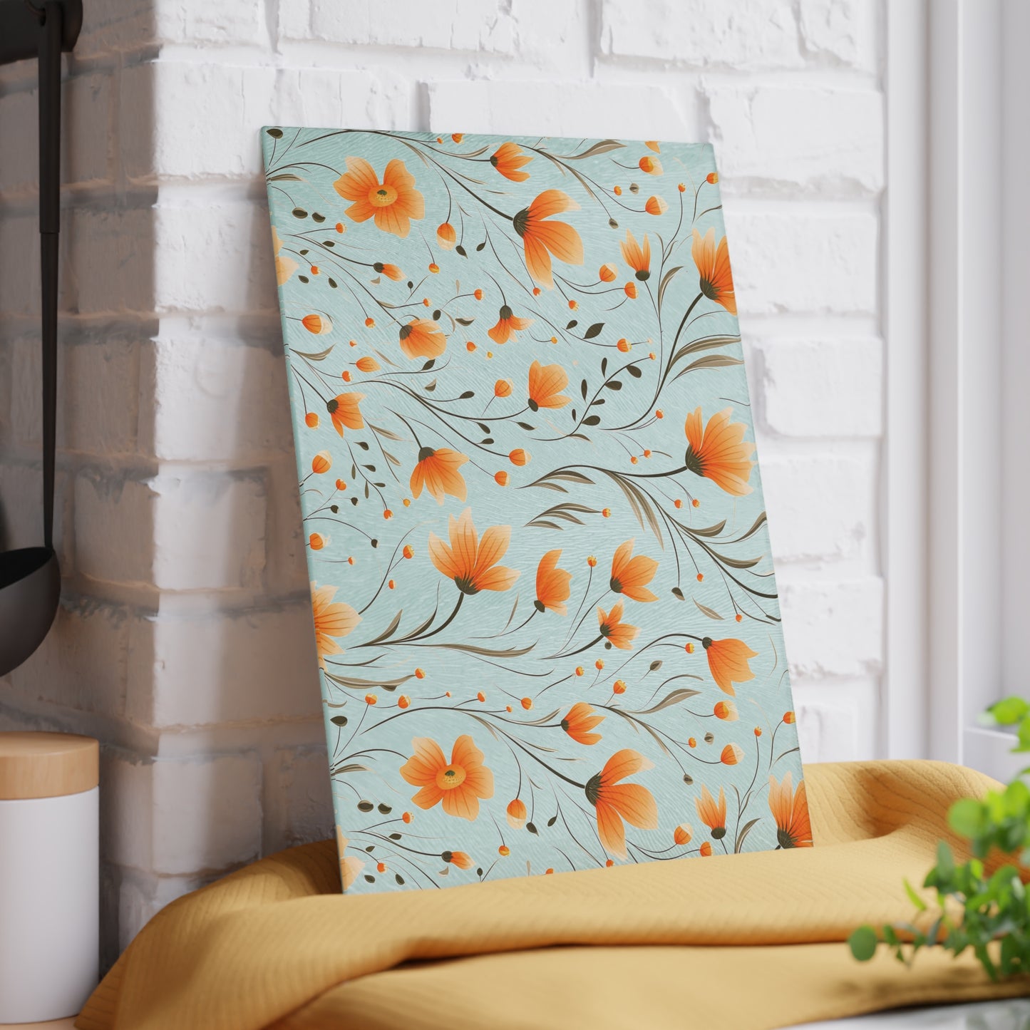 Orange Whimsy Wildflowers Glass Cutting Board