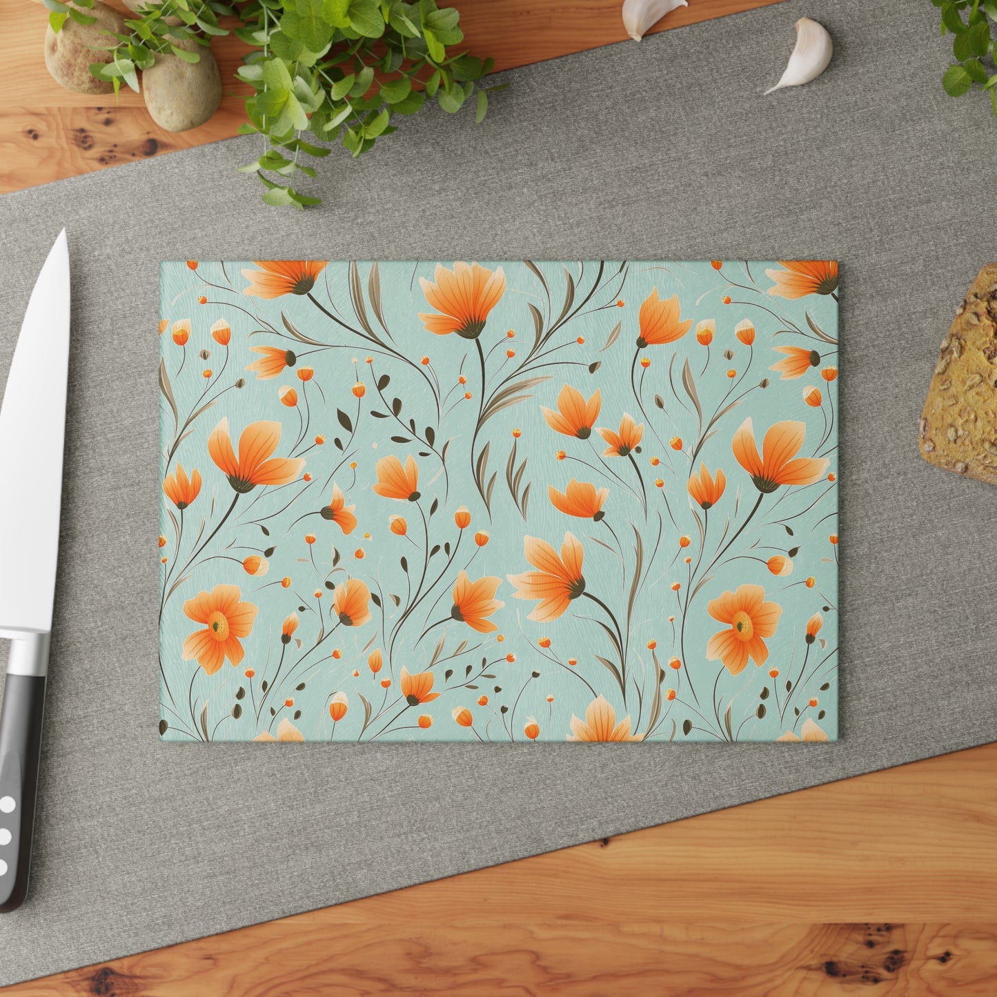 Orange Whimsy Wildflowers Glass Cutting Board