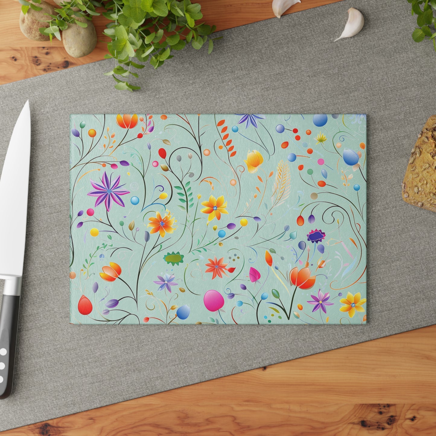 Fanciful Flower Fiesta Glass Cutting Board