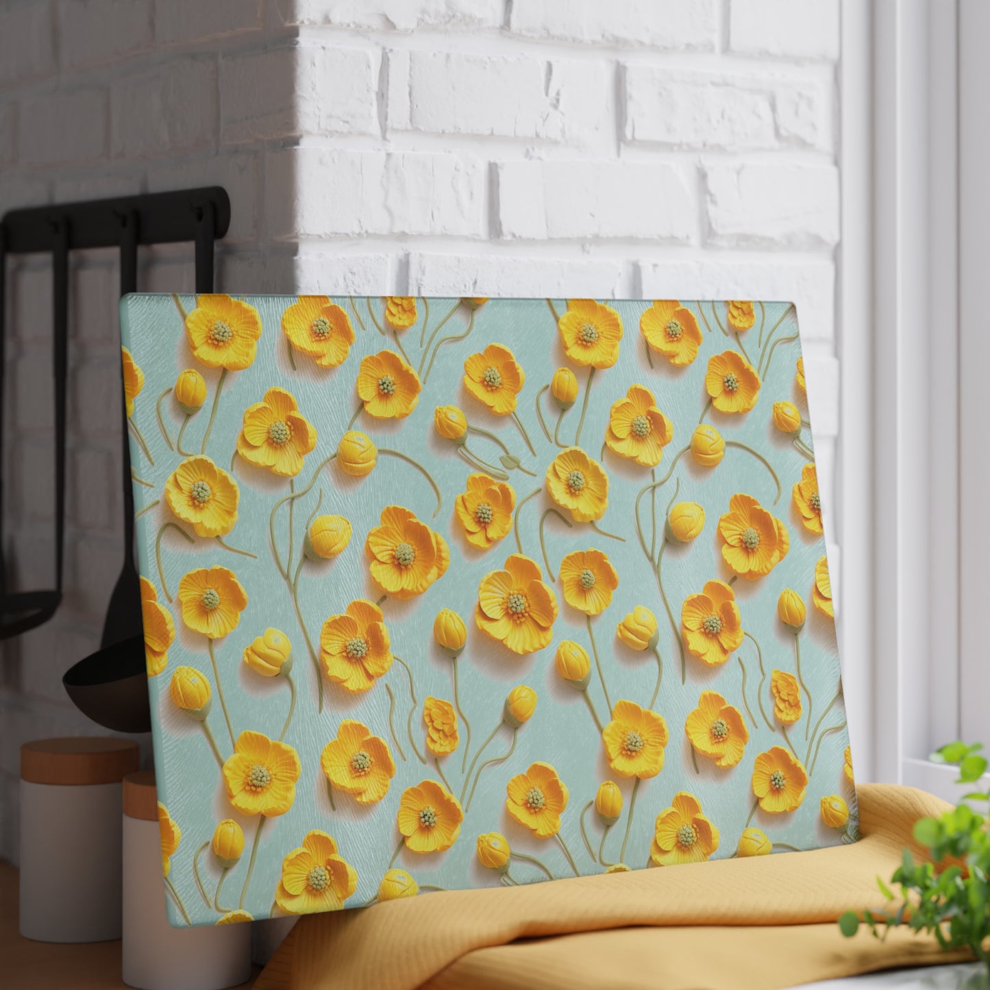 Sculpted Yellow Buttercups Glass Cutting Board