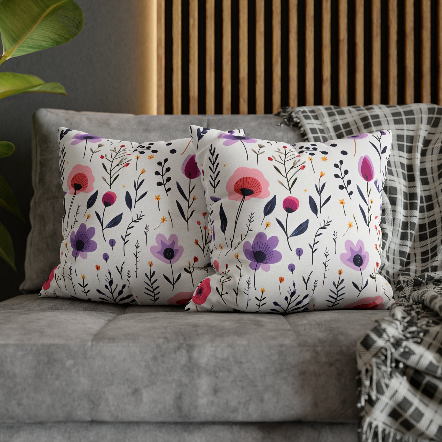 Pink and Purple Whimsical Wildflowers Square Pillow Case