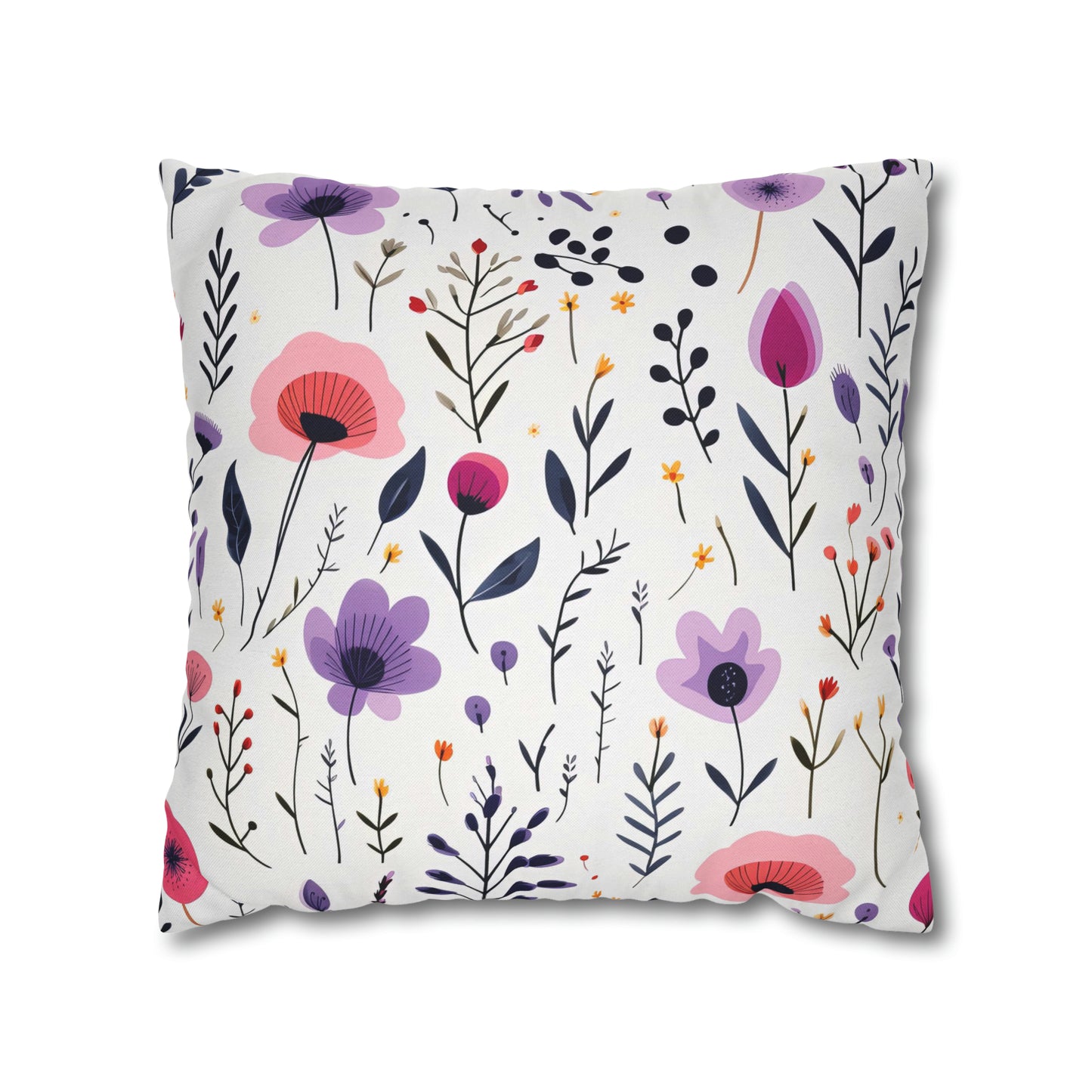 Pink and Purple Whimsical Wildflowers Square Pillow Case