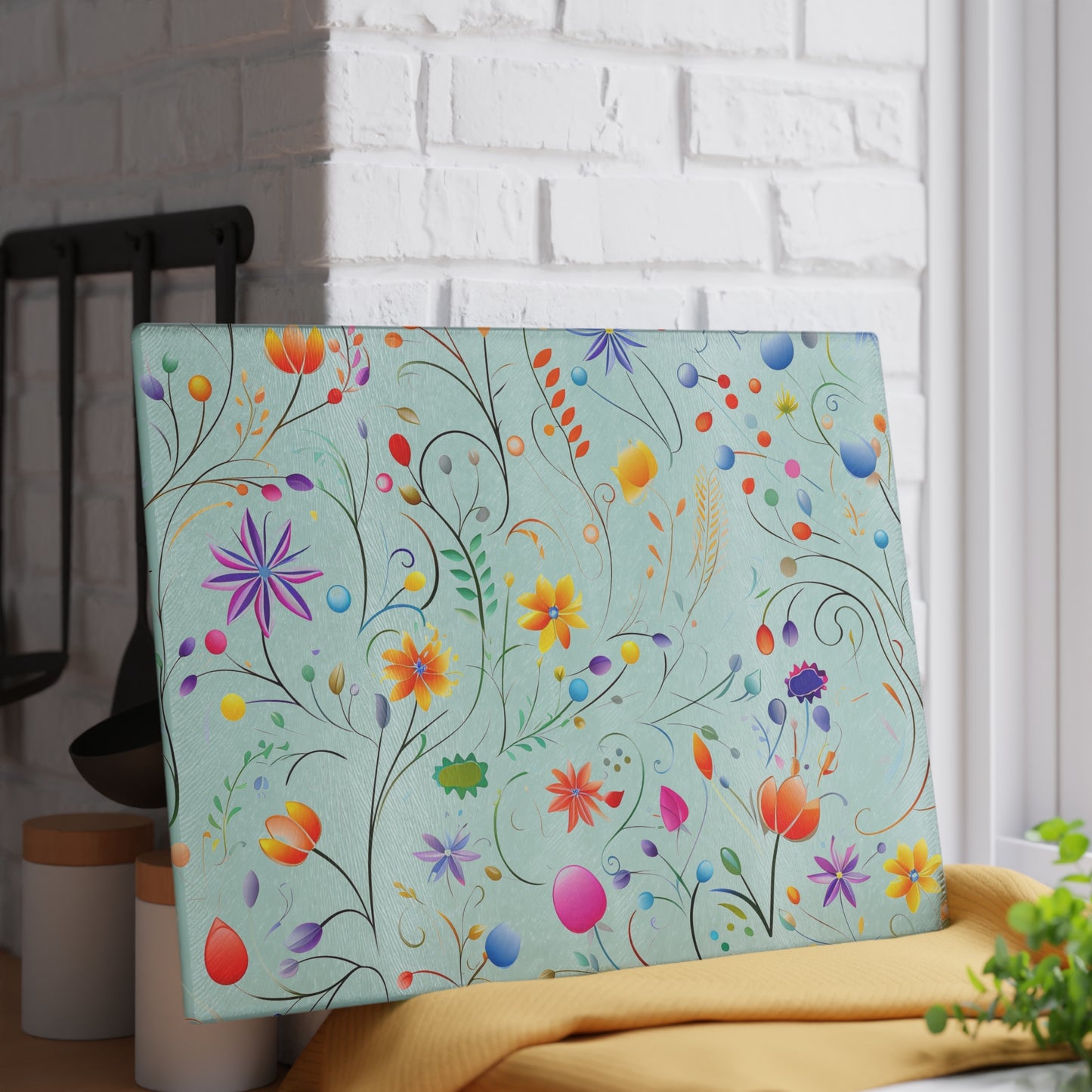 Fanciful Flower Fiesta Glass Cutting Board
