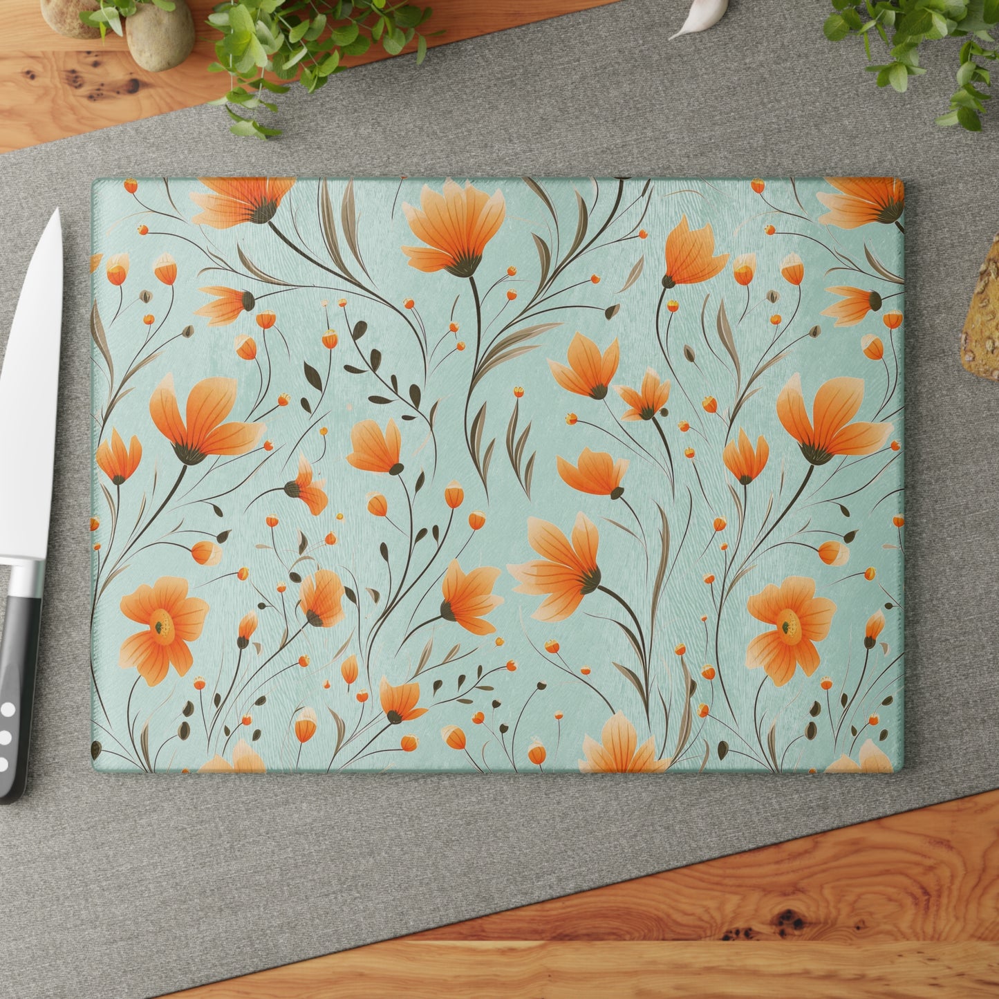 Orange Whimsy Wildflowers Glass Cutting Board
