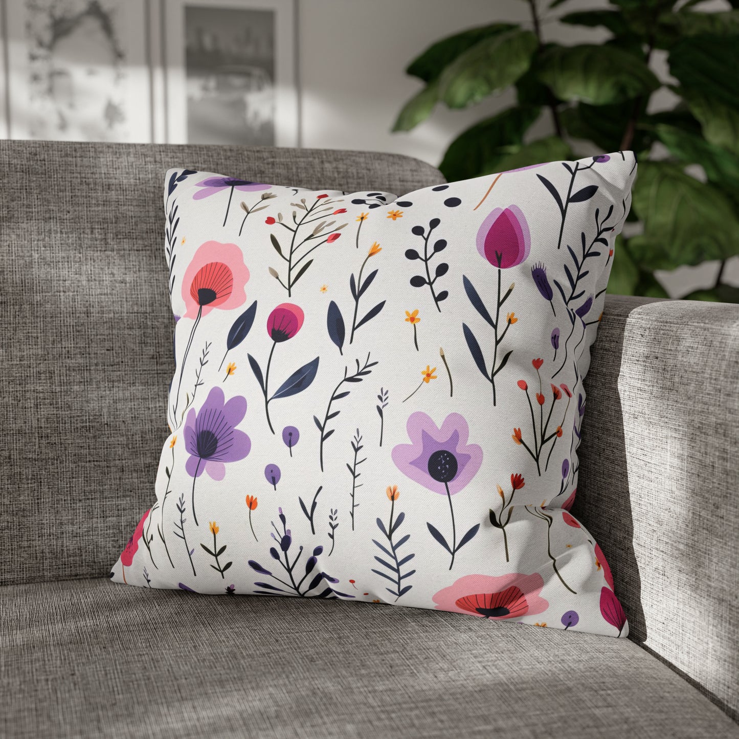 Pink and Purple Whimsical Wildflowers Square Pillow Case