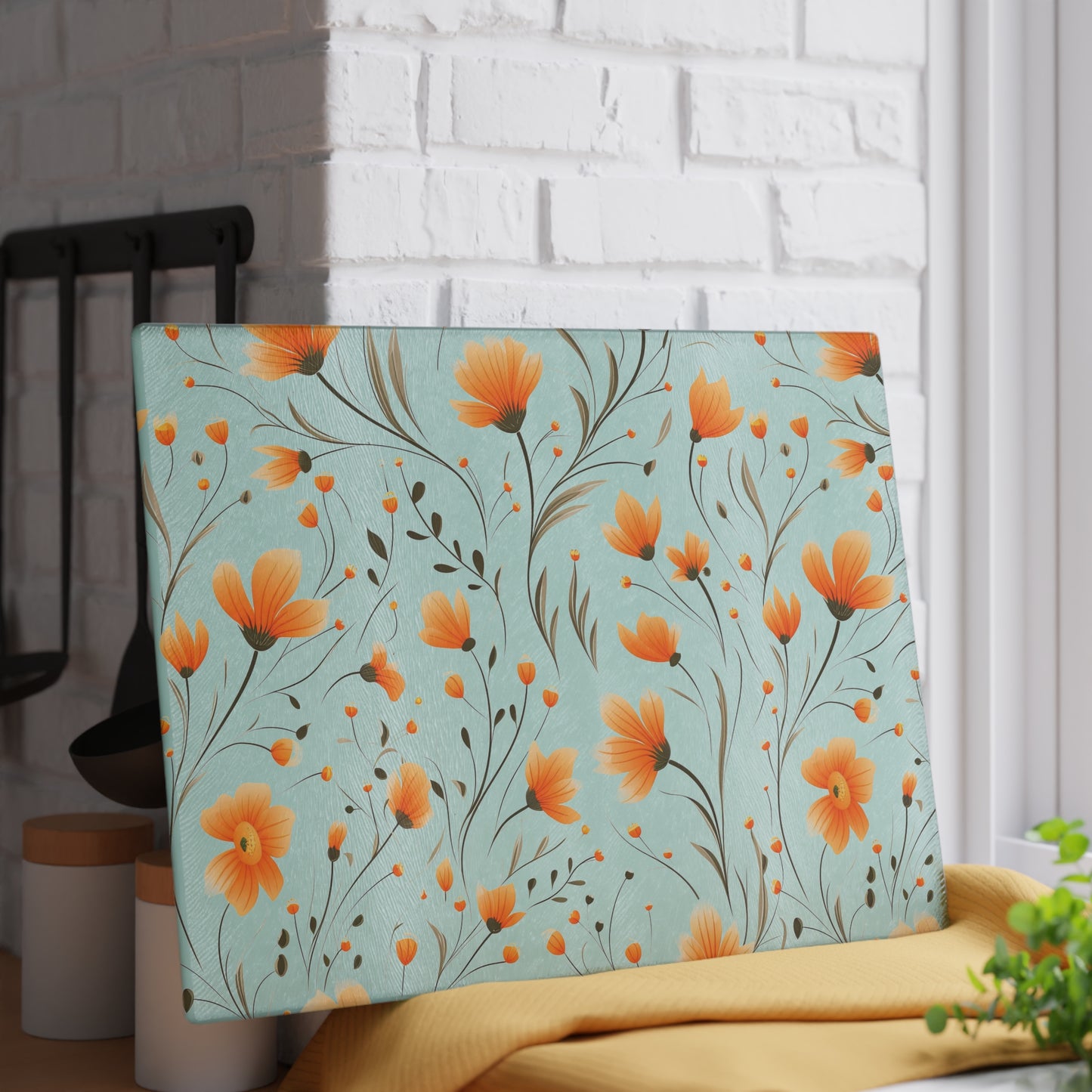 Orange Whimsy Wildflowers Glass Cutting Board
