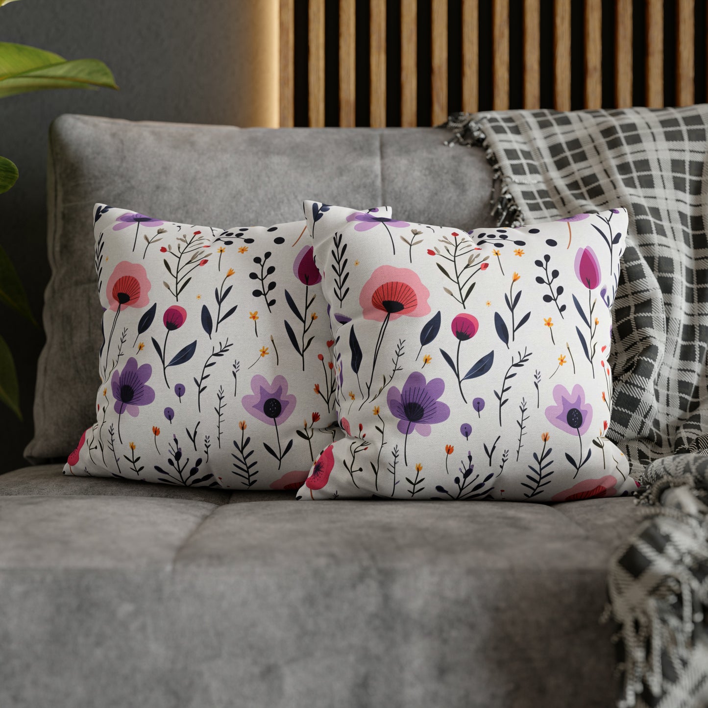 Pink and Purple Whimsical Wildflowers Square Pillow Case