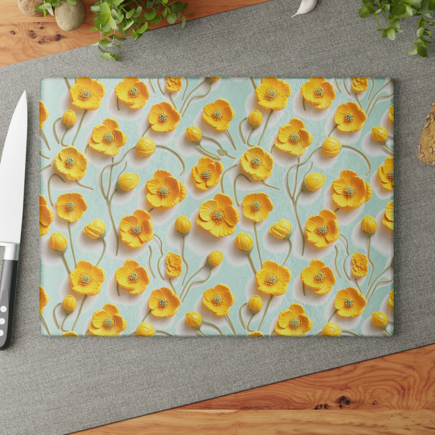Sculpted Yellow Buttercups Glass Cutting Board