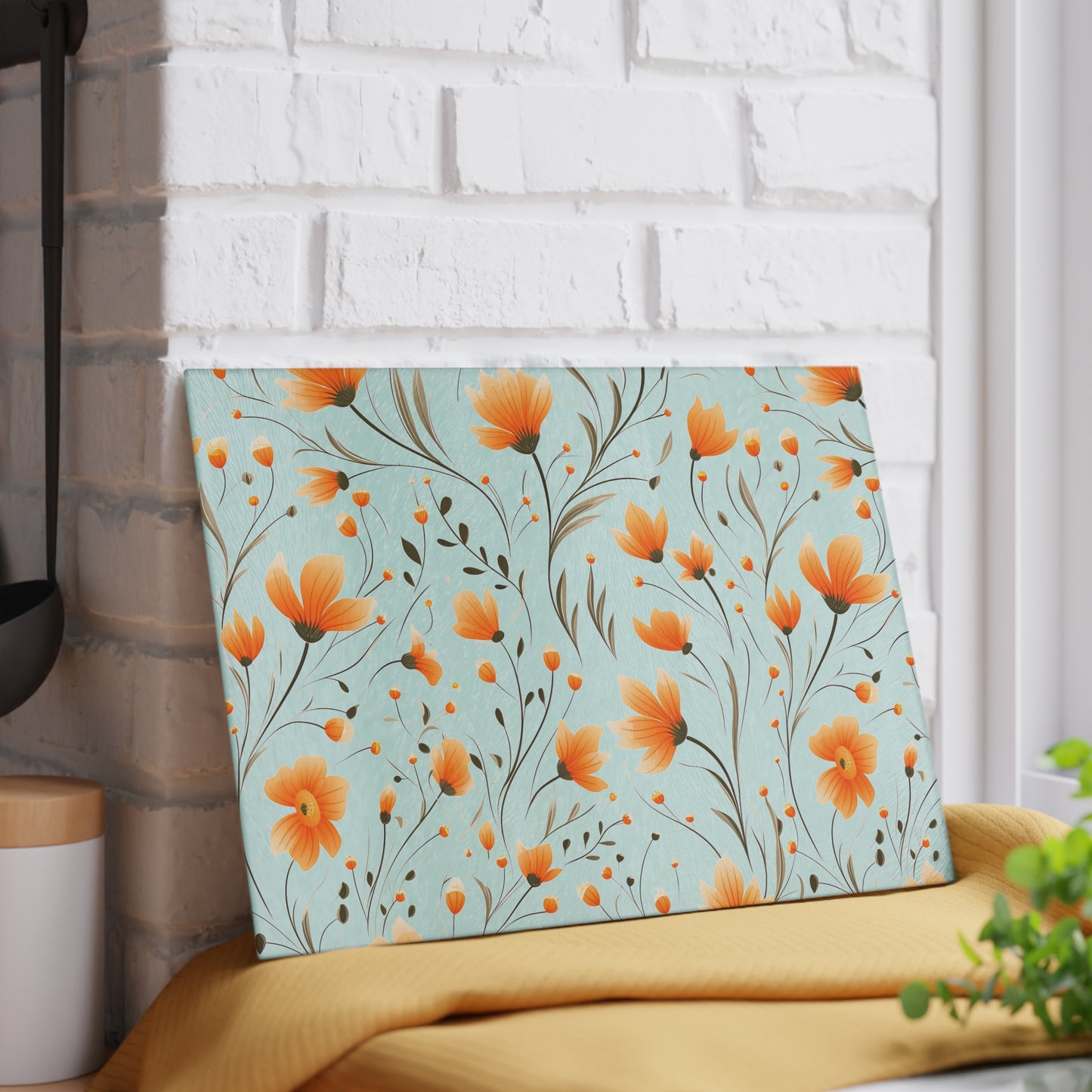 Orange Whimsy Wildflowers Glass Cutting Board