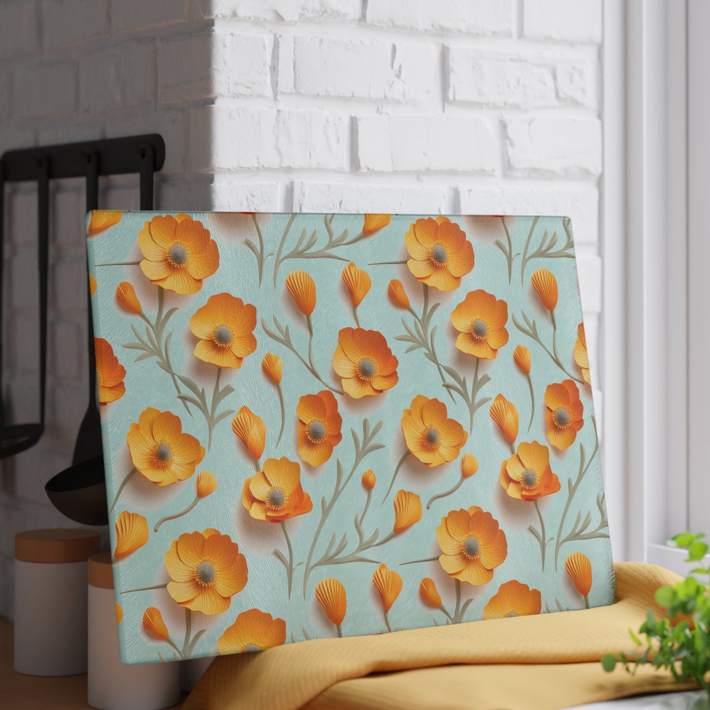 Sculpted Orange Poppies Glass Cutting Board