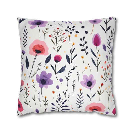 Pink and Purple Whimsical Wildflowers Square Pillow Case