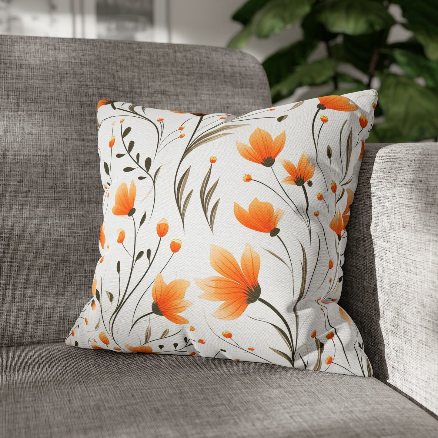 Orange Whimsy Wildflowers Square Pillow Case